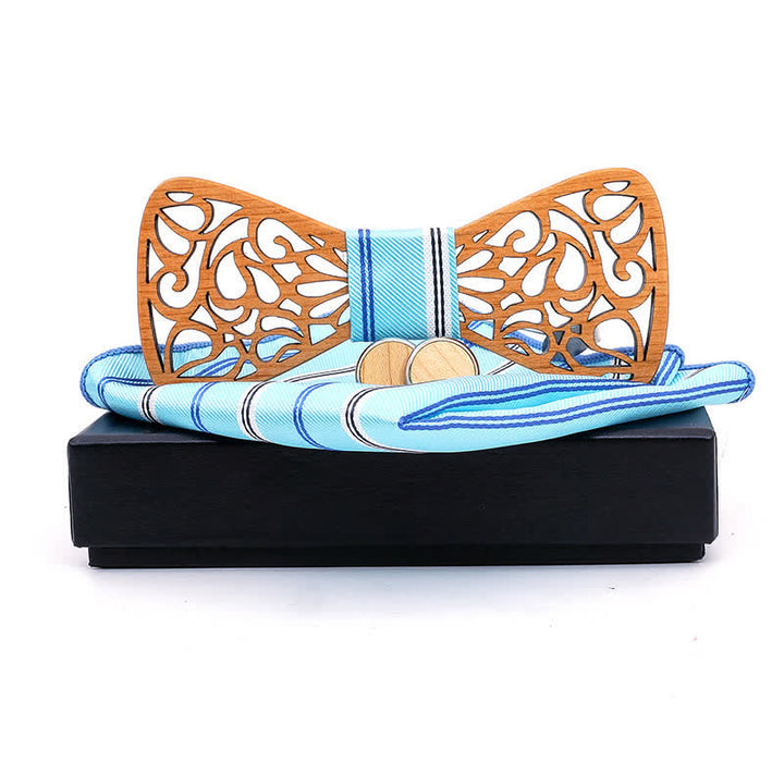 3Pcs Men's Vintage Hollow Wooden Bow Tie Set - SkyBlue Striped - image 7