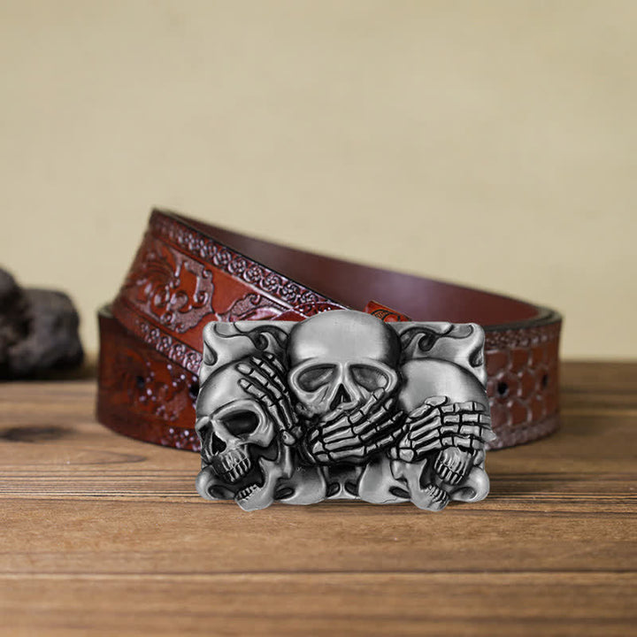 Men's DIY Horrible Laugh Skull Buckle Leather Belt - Skull - Brown Carved Belt (40) - image 12