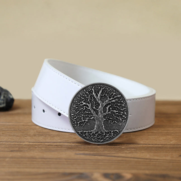 Men's DIY Tree of Life Round Buckle Leather Belt - Silver - White PU Belt (40) - image 11