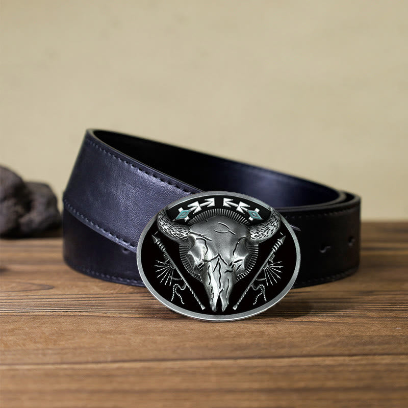 Men's DIY Indian Theme Bull Skull Buckle Leather Belt - Black - Black PU Belt (40) - image 5