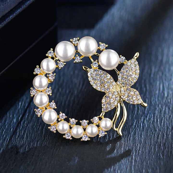 Women's Golden Butterfly Pearl Wreath Brooch - Betterfly Wreath - image 0