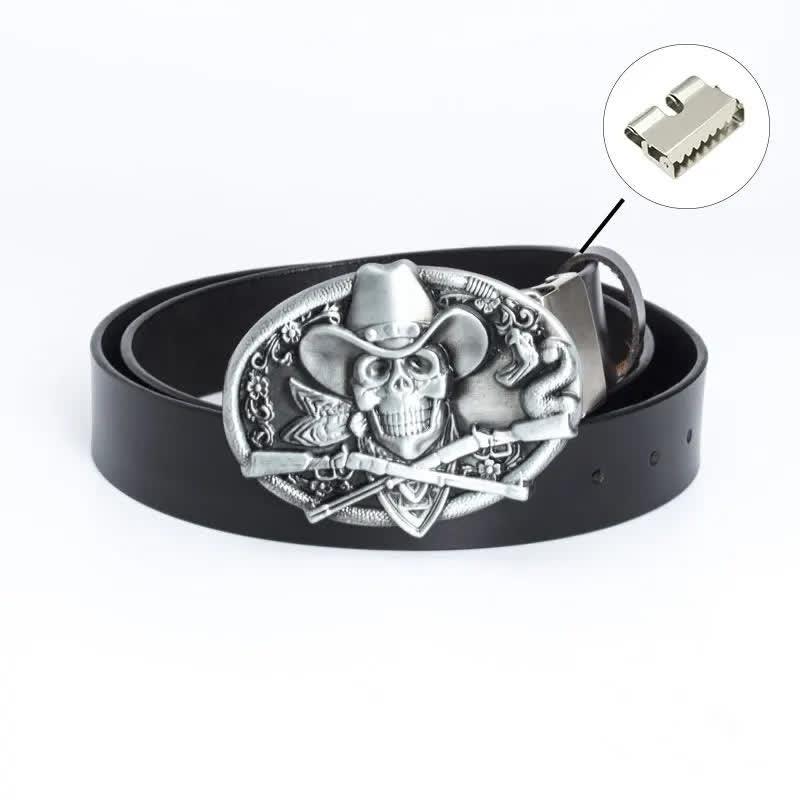 Men's Pirate Skull Cross Guns Leather Belt - Iron Linker - Black / Silver - 46 - image 19