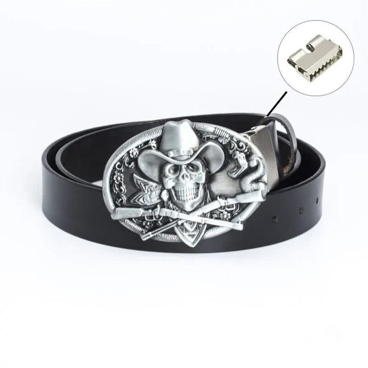 Men's Pirate Skull Cross Guns Leather Belt - Iron Linker - Black / Silver - 46 - image 19