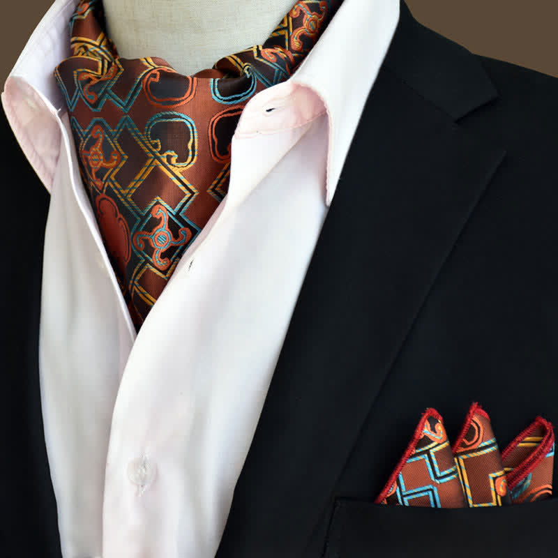 2Pcs SaddleBrown Luxury Floral Paisley Pocket Square and Cravat Set - SaddleBrown - image 0