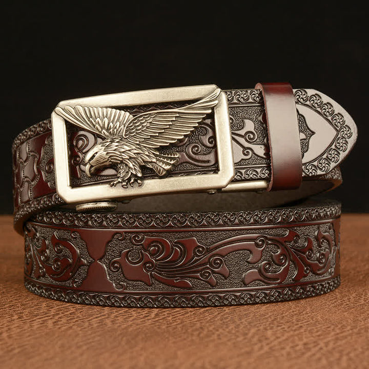 Men's Vintage Hollow Eagle Buckle Leather Belt - Silver & Brown - 46 - image 10