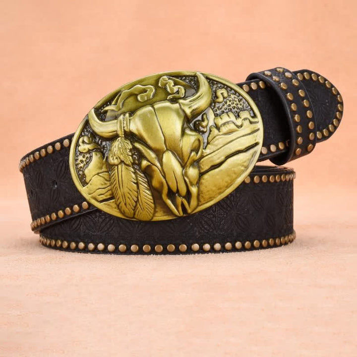 Men's Bull Head Buckle Rivet Decor Leather Belt - image 6