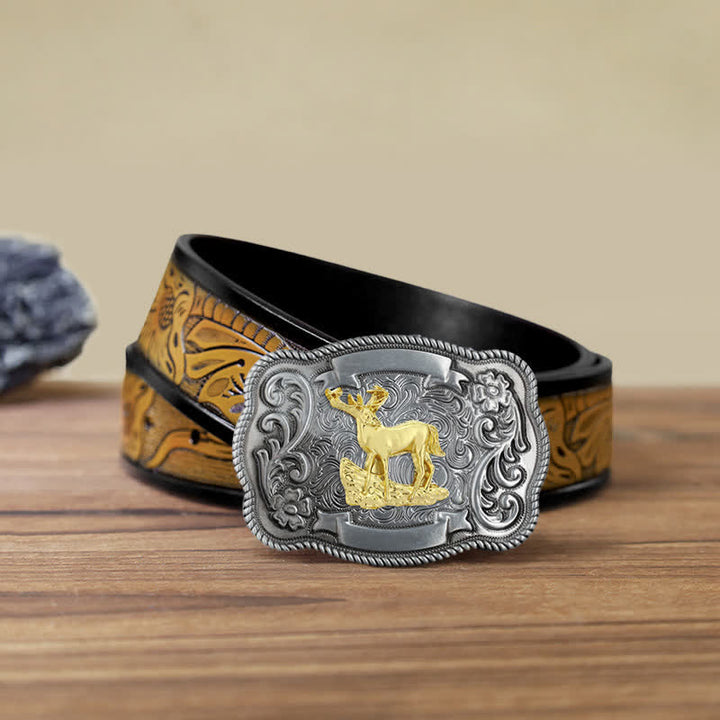 Men's DIY Gold Carving Animal Buckle Leather Belt - Deer - SandyBrown Belt (40) - image 35