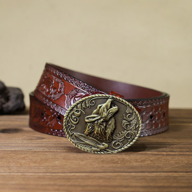 Men's DIY Howling Wolf Head Buckle Leather Belt - Antique Gold - Brown Carved Belt (40) - image 14