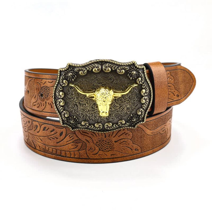 Men's Square Engraved Bull Flower Leather Belt - Brown - 40 - image 0