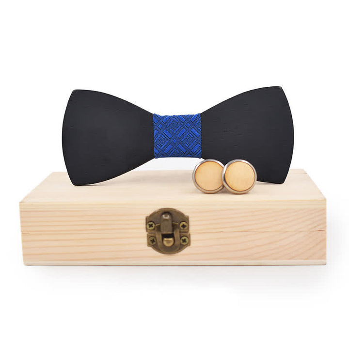 2Pcs Men's Black Wooden Bow Tie Cufflinks Set - Blue Geometry - image 9