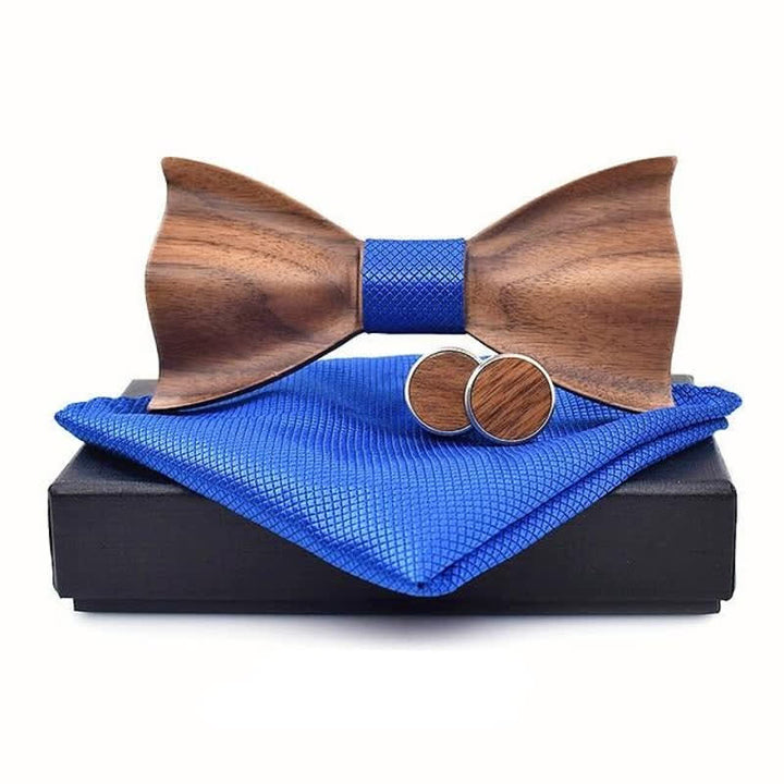 3Pcs Men's Small Checkered Wooden Bow Tie Set - Royal - image 9