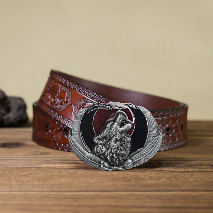 Men's DIY Howling Wolf Moon Oval Buckle Leather Belt - Red - Brown Carved Belt (40) - image 14