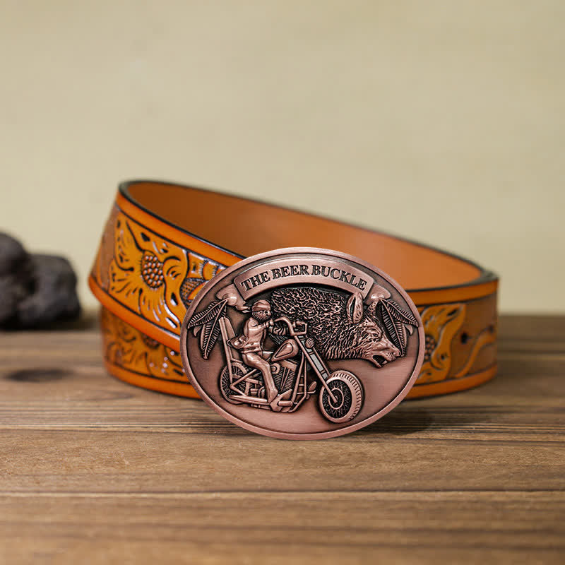 Men's DIY Motorcycle Creative Beer Holder Buckle Leather Belt - Copper - Orange Carved Belt (40) - image 34