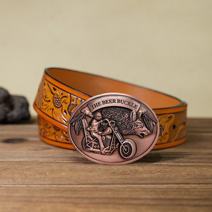 Men's DIY Motorcycle Creative Beer Holder Buckle Leather Belt - Copper - Orange Carved Belt (40) - image 34