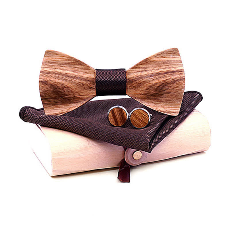 3Pcs Men's Classic Simple Wooden Bow Tie Set - Brown - Style #2 - image 12