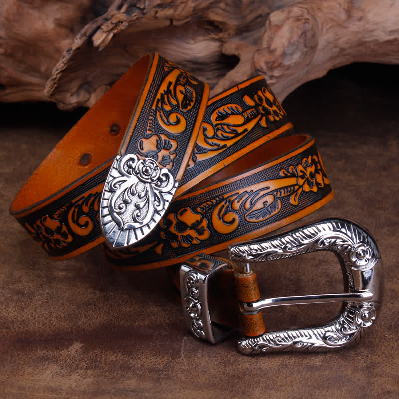 Unisex Vintage Small Rose Embossing Leather Belt - image 10