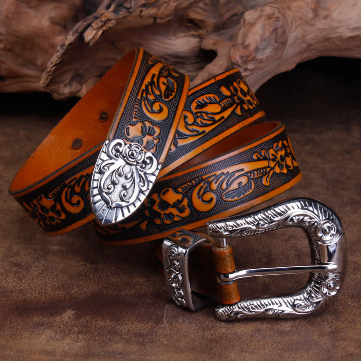 Unisex Vintage Small Rose Embossing Leather Belt - image 10