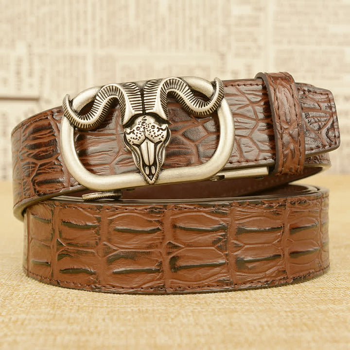 Men's Goat Head Crocodile Print Automatic Buckle Leather Belt - Brown / Silver - 46 - image 17