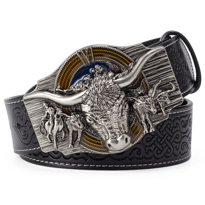 Men's Longhorn Bull Embossed Leather Belt - Black / Silver - 46 - image 0