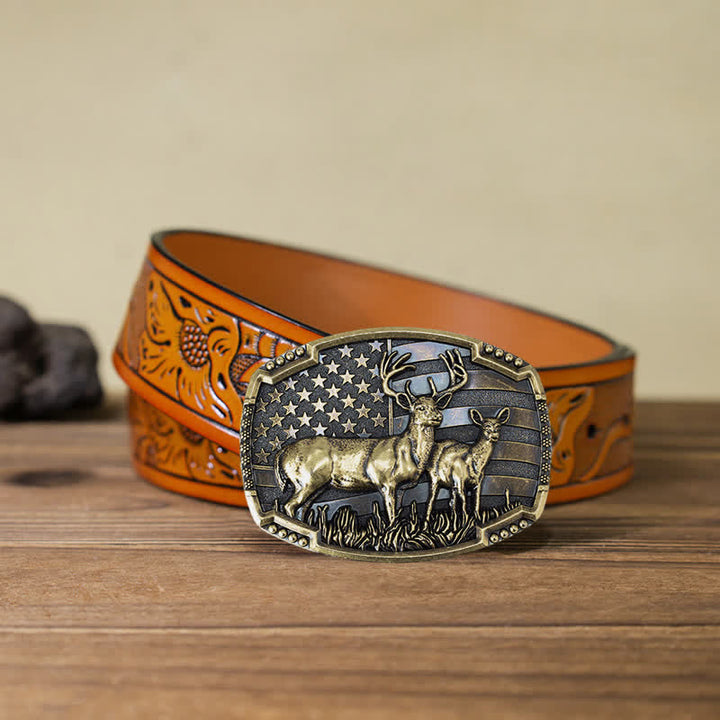 Men's DIY Deer Hunter American Flag Buckle Leather Belt - Gold Deers - Orange Carved Belt (40) - image 40
