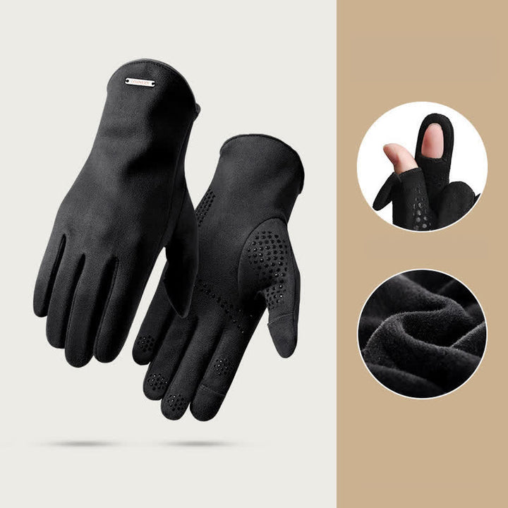Suede Thermal Velvet Split Finger Gloves - Black - image 9