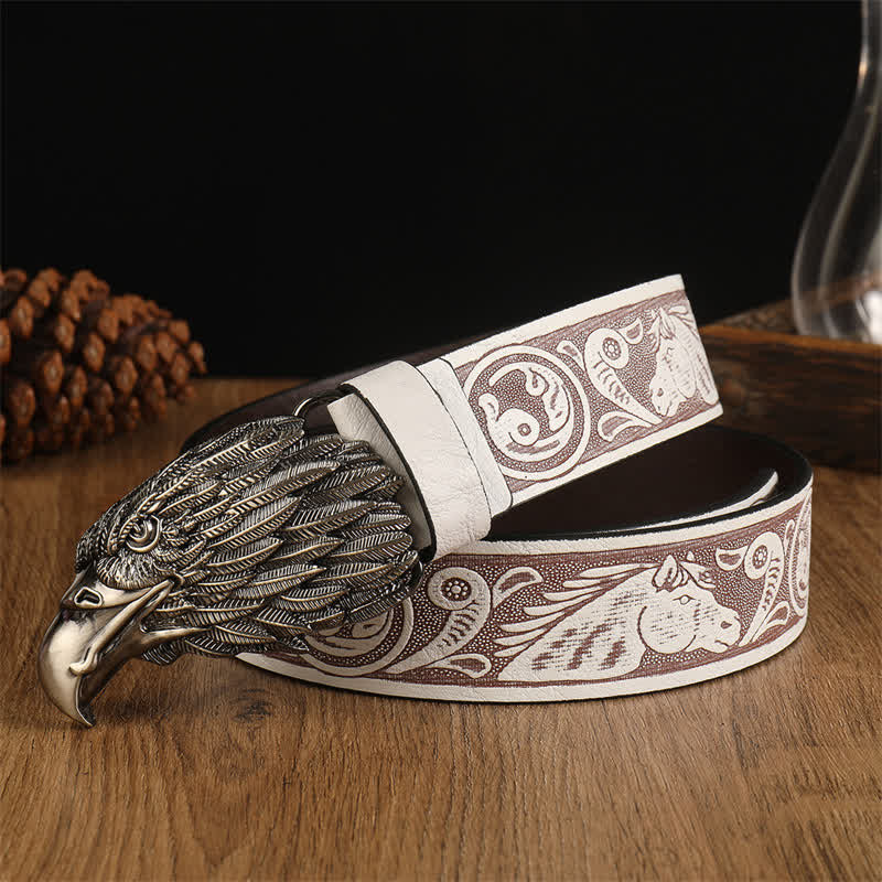 Men's Eagle Head Realistic Vulture Western Leather Belt - White / Silver - 42 - image 2