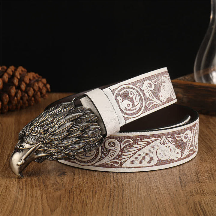 Men's Eagle Head Realistic Vulture Western Leather Belt - White / Silver - 42 - image 2