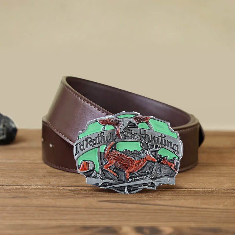 Men's DIY Hunting Deer In The Wild Buckle Leather Belt - I'd Rather Be Hunting - Brown PU Belt (40) - image 7