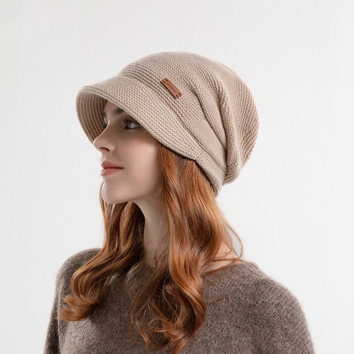 Women's Letter Patched Wide Brim Pile Knitted Hat - image 0