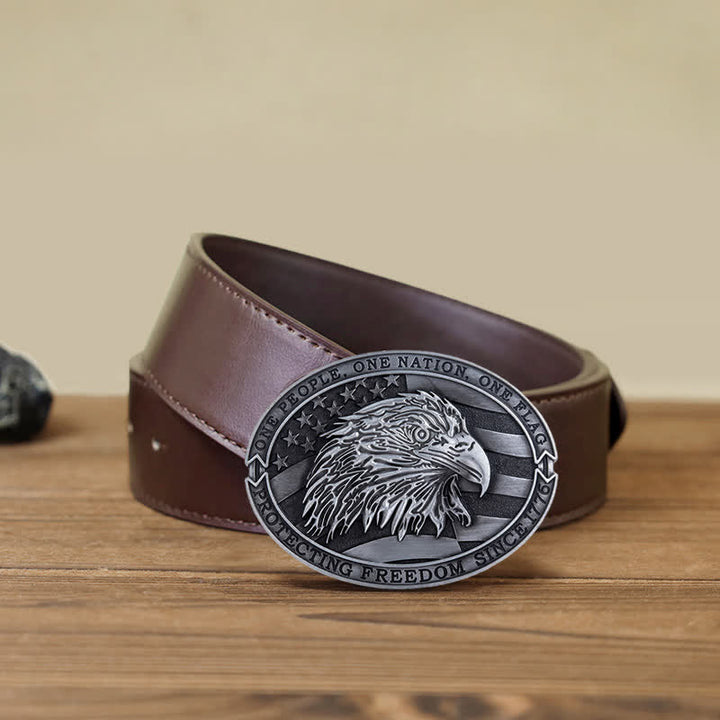 Men's DIY Patriotic Bald Eagle USA Flag Buckle Leather Belt - Antique Silver - Brown PU Belt (40) - image 12