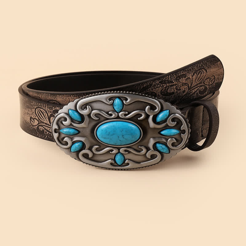 Women's Turquoise Decor Oval Buckle Leather Belt - Coffee - 34 - image 0