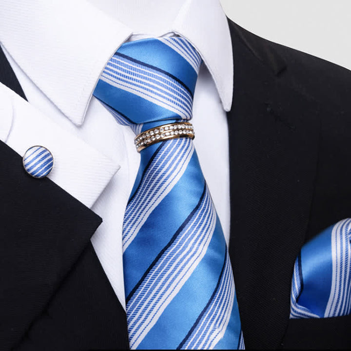 4Pcs Men's Striped Necktie Set With Tie Ring - Sky Blue - image 4