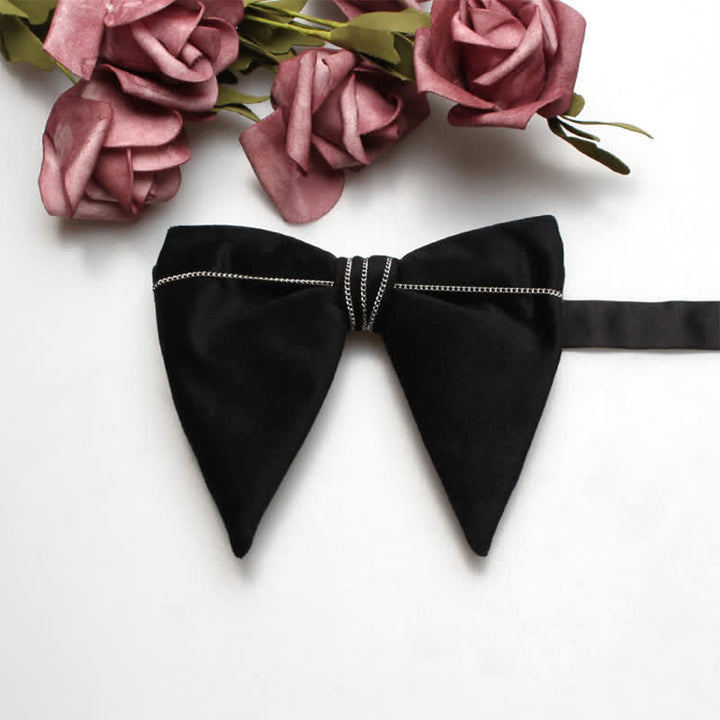 Men's Charming Velvet Oversized Pointed Bow Tie - Black & Silver Chain - image 4