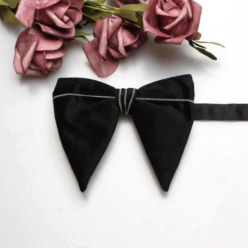Men's Charming Velvet Oversized Pointed Bow Tie - Black & Silver Chain - image 4