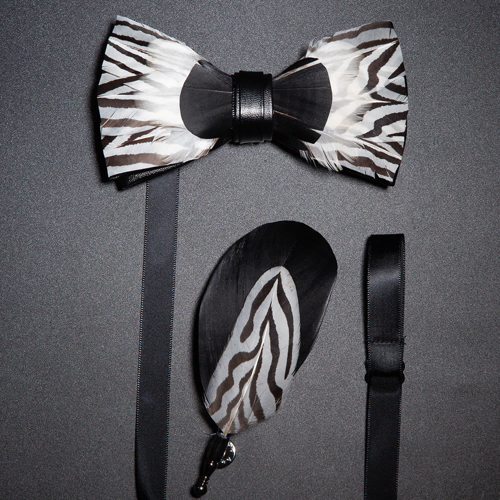 Black & White Zebra Feather Bow Tie with Lapel Pin - Black & White - image 0