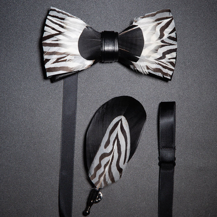 Black & White Zebra Feather Bow Tie with Lapel Pin - Black & White - image 0