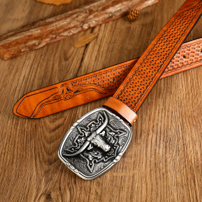 Men's Western Style Cow Head Printed Leather Belt - image 9