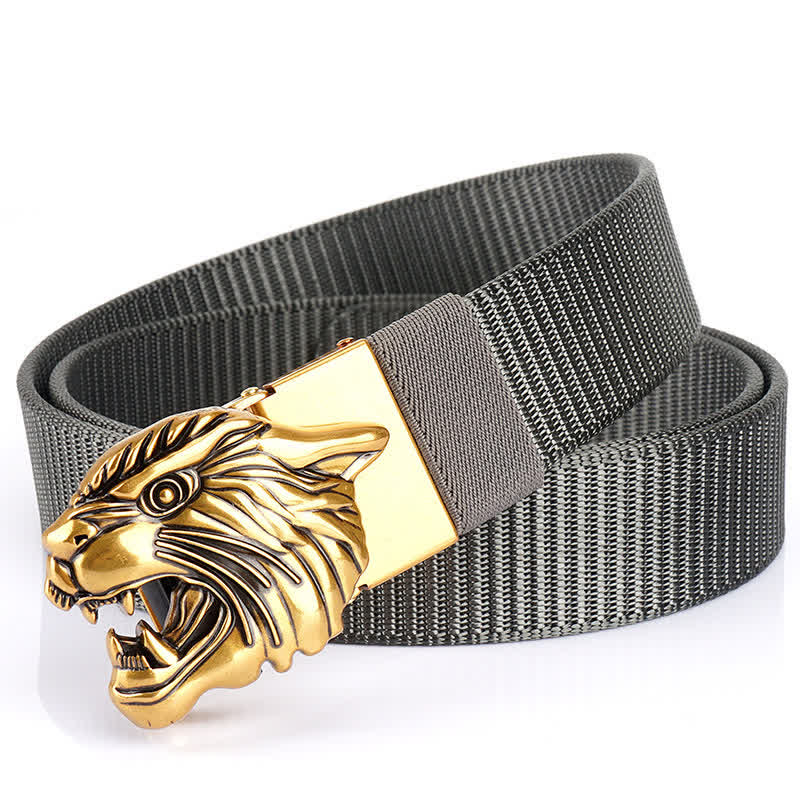 Men's Roaring Tiger Head Nylon Belt - Gray / Gold - 48" - image 11
