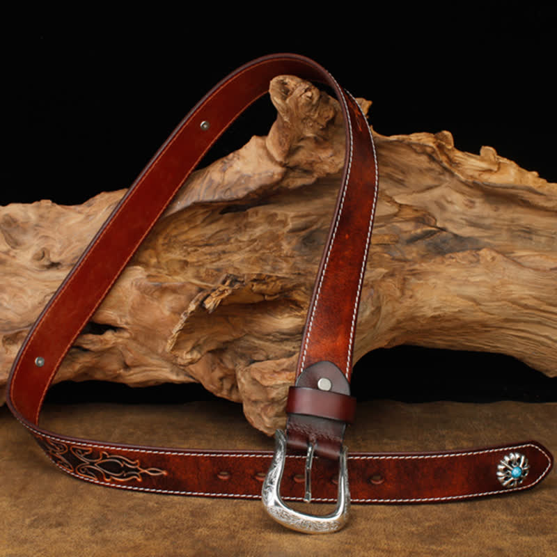 Unisex Retro Brown Turquoise Flower Leather Belt - image 2