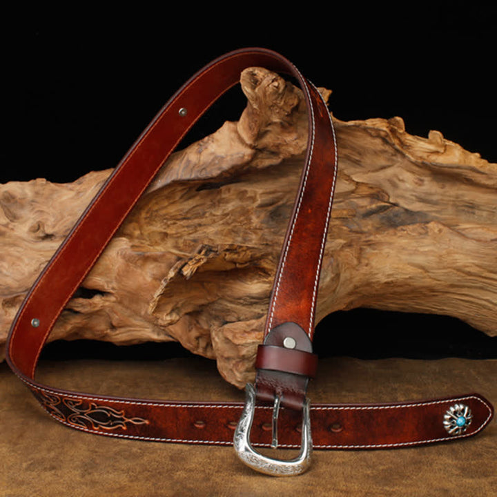 Unisex Retro Brown Turquoise Flower Leather Belt - image 2