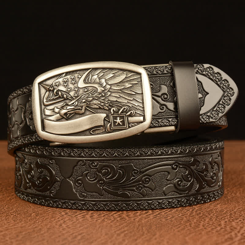 Men's American Flag Hawk Eagle Leather Belt - Silver & Black - 46 - image 15