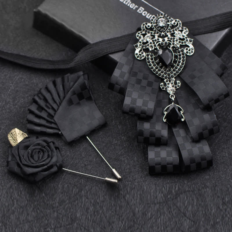 3Pcs Plaid Black Rhinestone Bow Tie Set - Black Checks - image 19