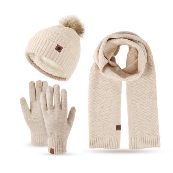 3Pcs Women's Pompom Woven Hat Scarf Touchscreen Gloves Set - image 0