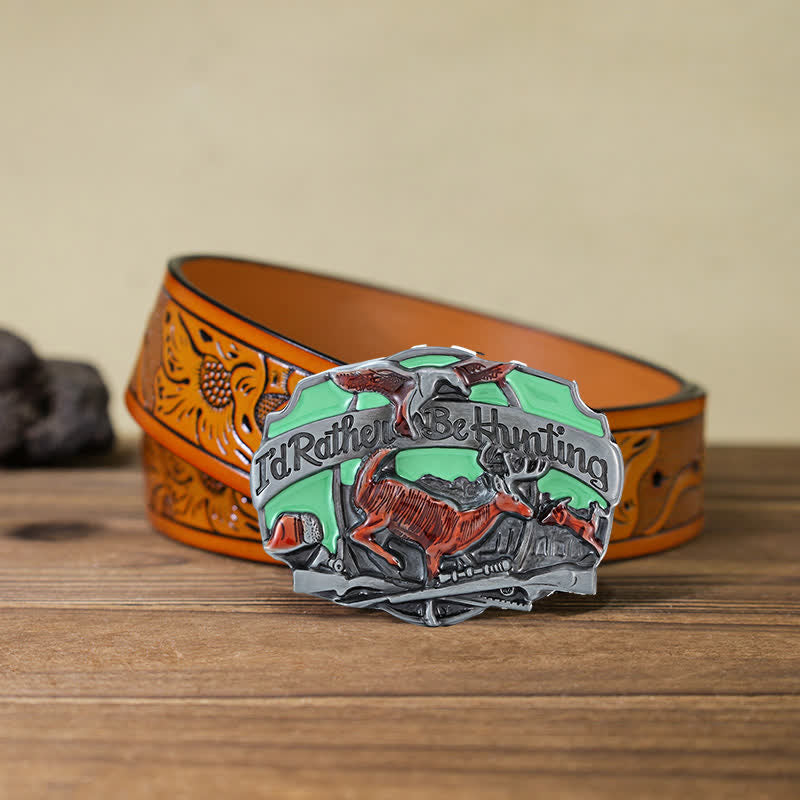 Men's DIY Hunting Deer In The Wild Buckle Leather Belt - I'd Rather Be Hunting - Orange Carved Belt (40) - image 15