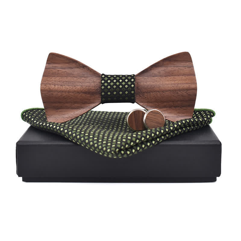 3Pcs Men's Black Walnut Wooden Bow Tie Set - Olive Green - image 6