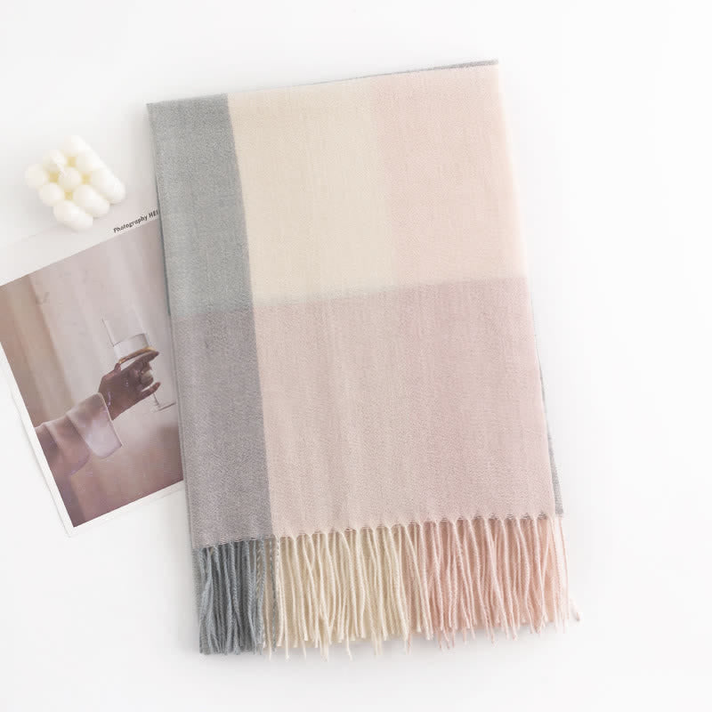 Women's Warmth Shawl Plaid Tassel Scarf - Pink & Gray - image 10