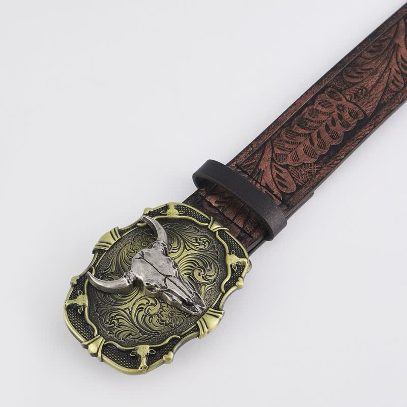 Men's Distressed Bull Square Buckle Leather Belt - image 1