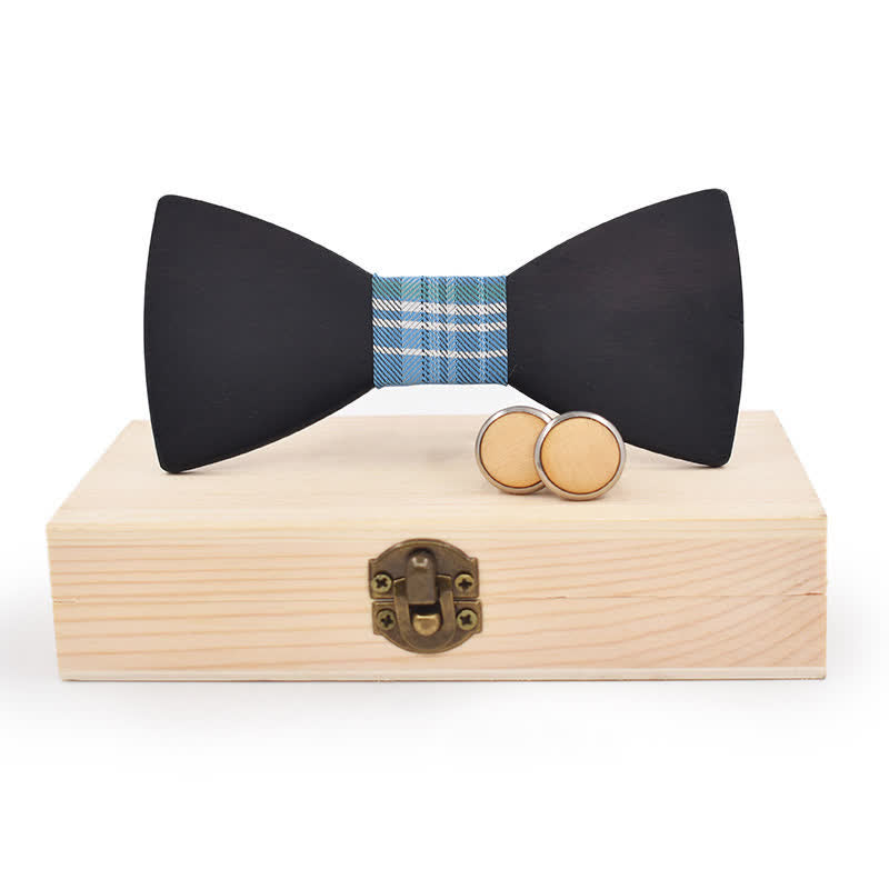 2Pcs Men's Black Wooden Bow Tie Cufflinks Set - SkyBlue Plaid - image 19