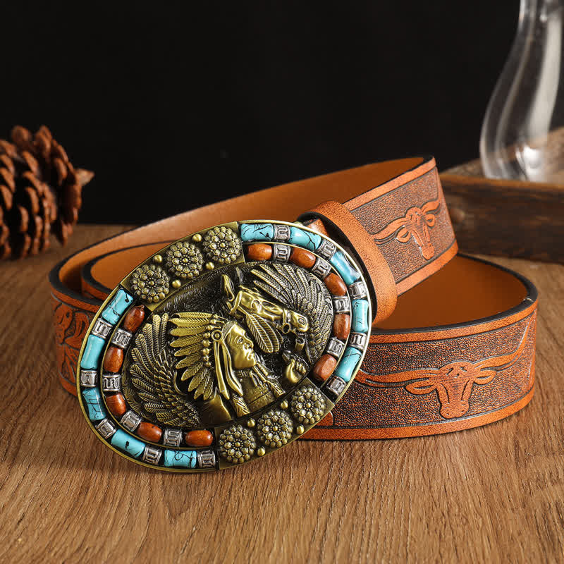 Men's Boho Indian Art Turquoise Leather Belt - Brown - 42 - image 0