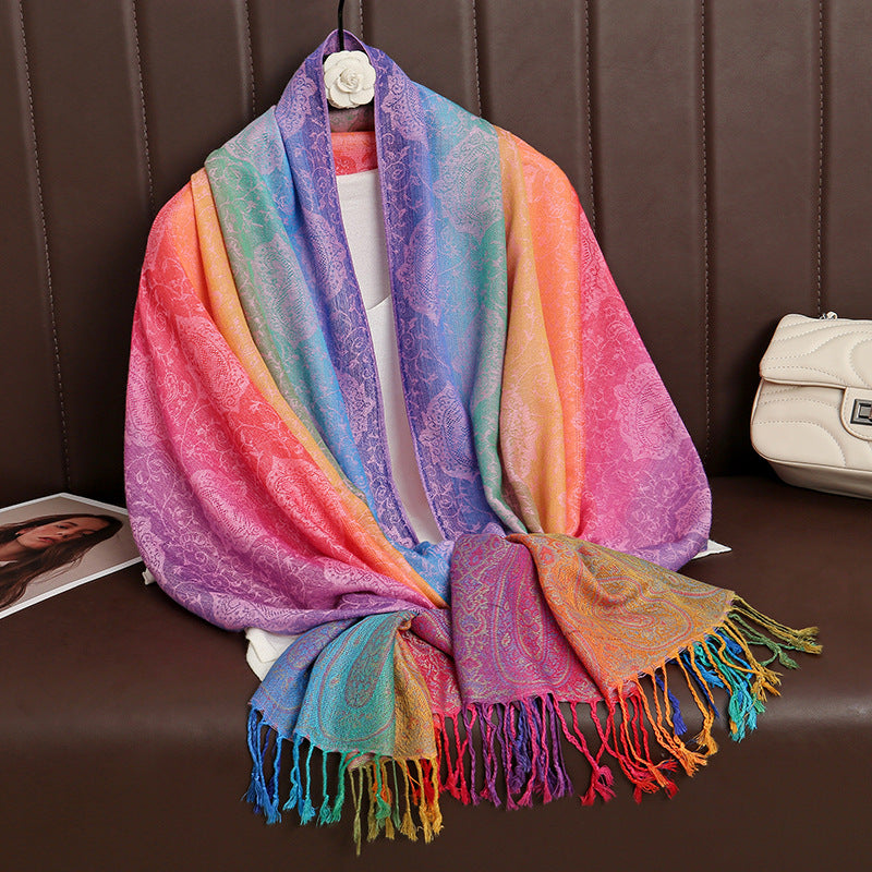 Ethnic Style Color Gradient Embroidery Tassel Scarf - Style #2 - image 3
